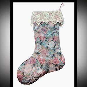 Victorian Lace roses Christmas Stocking Pink Grandma core blue beige Vintage OS